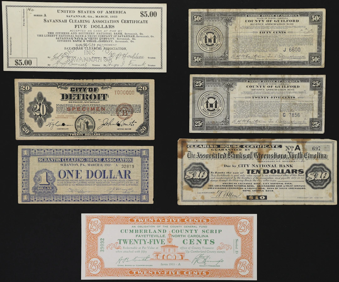 Lot of (7) Mixed States. Mixed Issuers. 1930s Mixed Denominations.