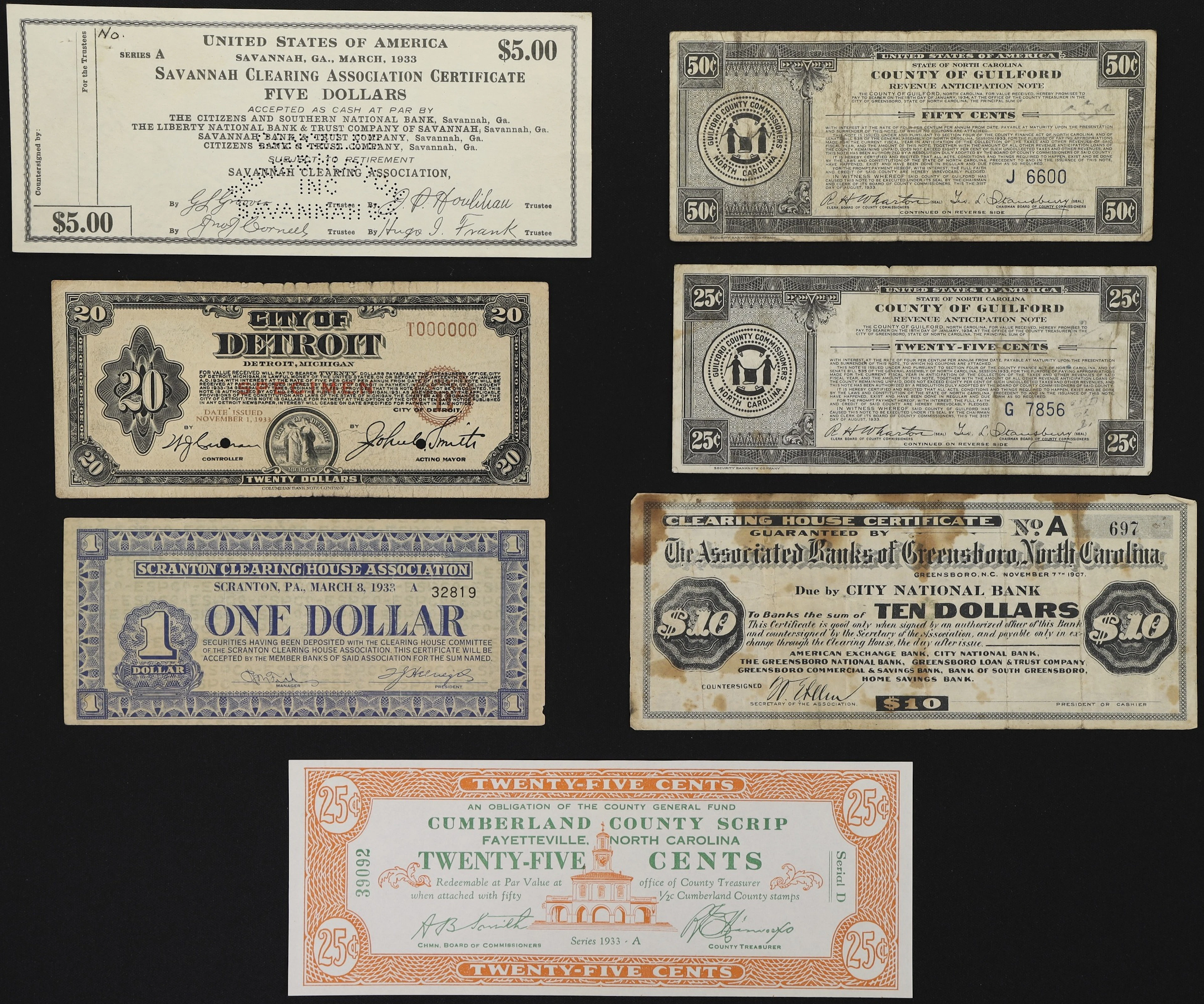 Lot of (7) Mixed States. Mixed Issuers. 1930s Mixed Denominations.
