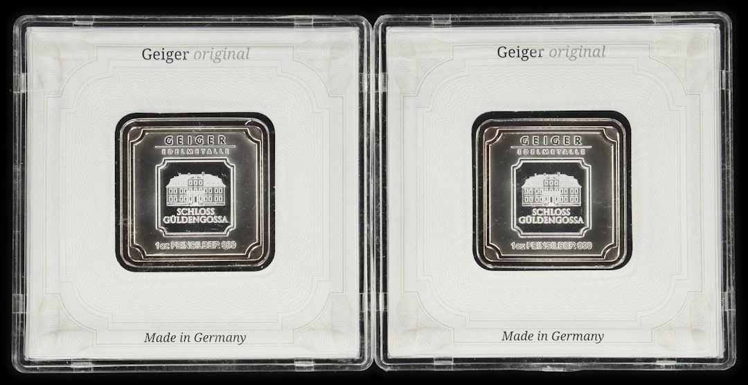 (2 oz, 62.208 g ASW). Lot of (2) Geiger Edelmetalle 1 oz Silver Bars.
