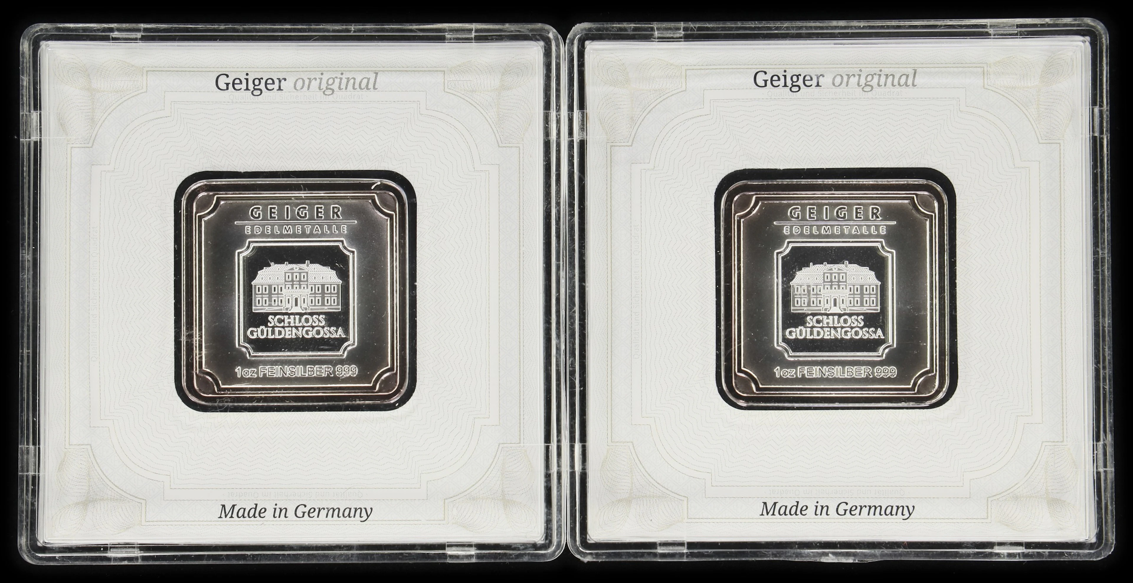 (2 oz, 62.208 g ASW). Lot of (2) Geiger Edelmetalle 1 oz Silver Bars.