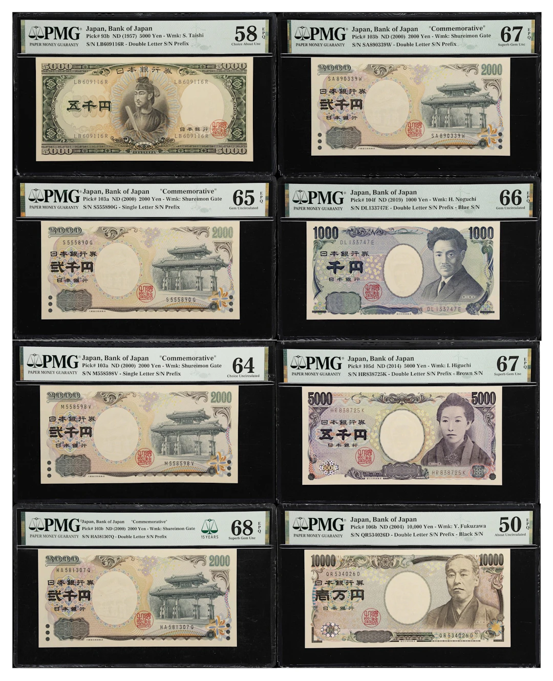JAPAN. Lot of (8). Bank of Japan. 1000, 2000, 5000, & 10,000 Yen