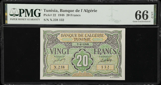 (◊) TUNISIA. Banque de l'Algerie. 20 Francs, 7.6.1948. P-22. PMG Gem