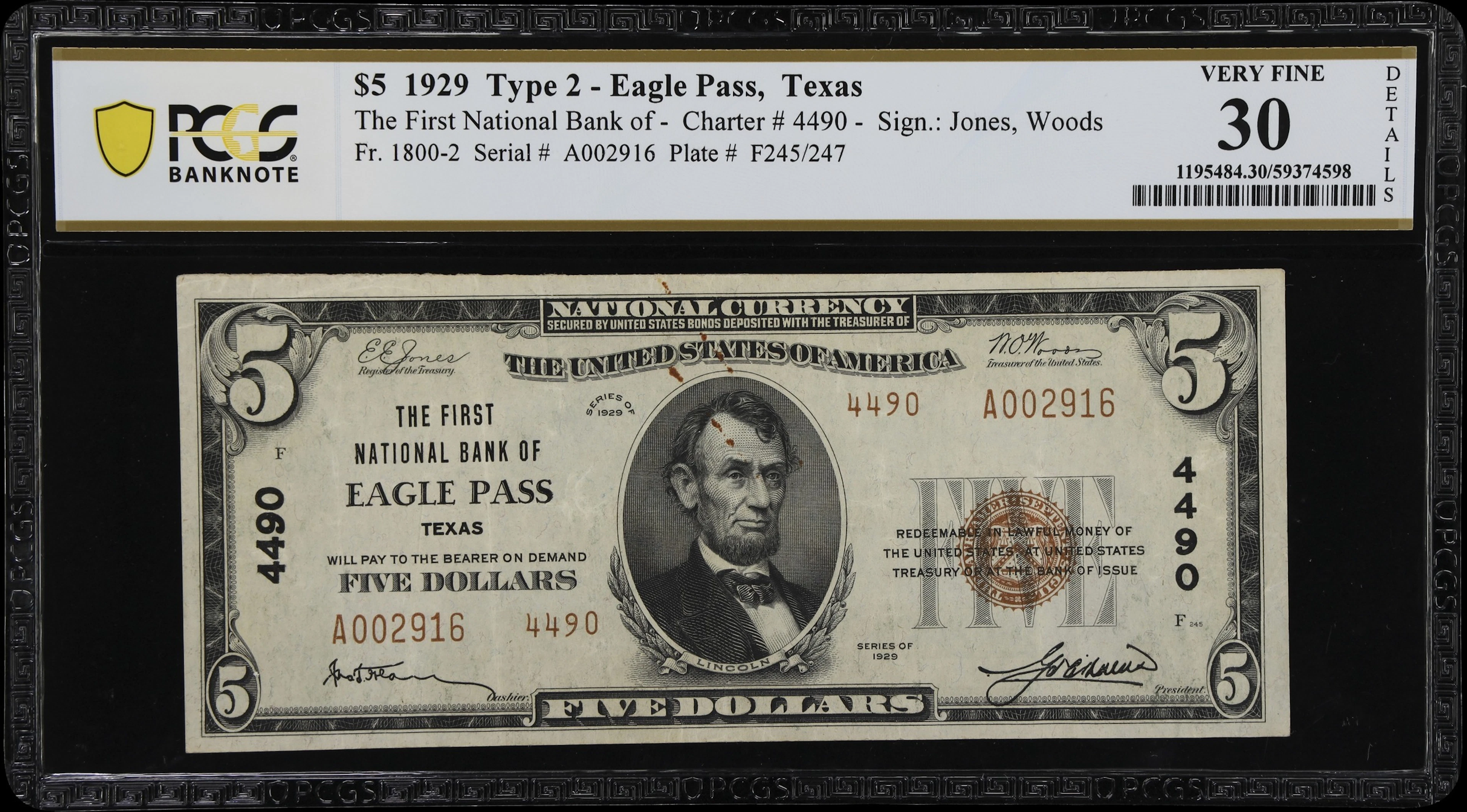 Eagle Pass, Texas. $5 1929 Ty. 2. Fr. 1800-2. First NB. Charter #4490.