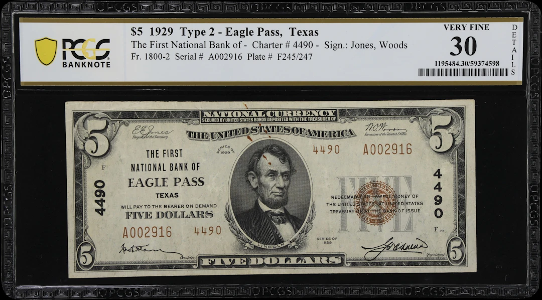 Eagle Pass, Texas. $5 1929 Ty. 2. Fr. 1800-2. First NB. Charter #4490.
