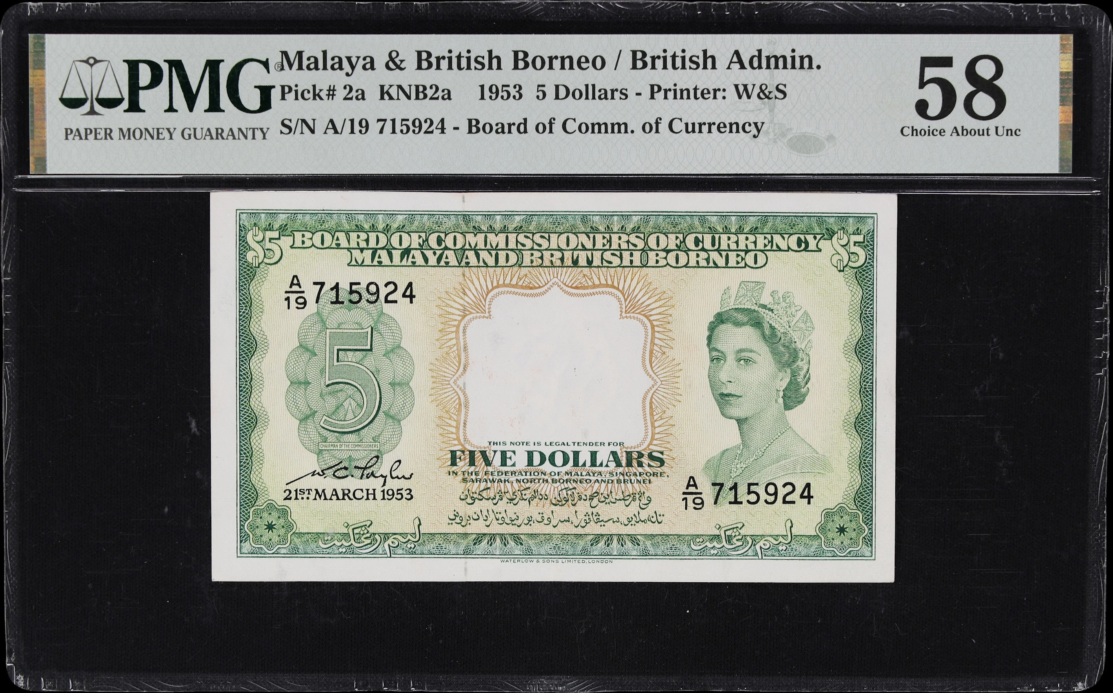 MALAYA AND BRITISH BORNEO. Board of Commissioners of Currency. 5 Dollars