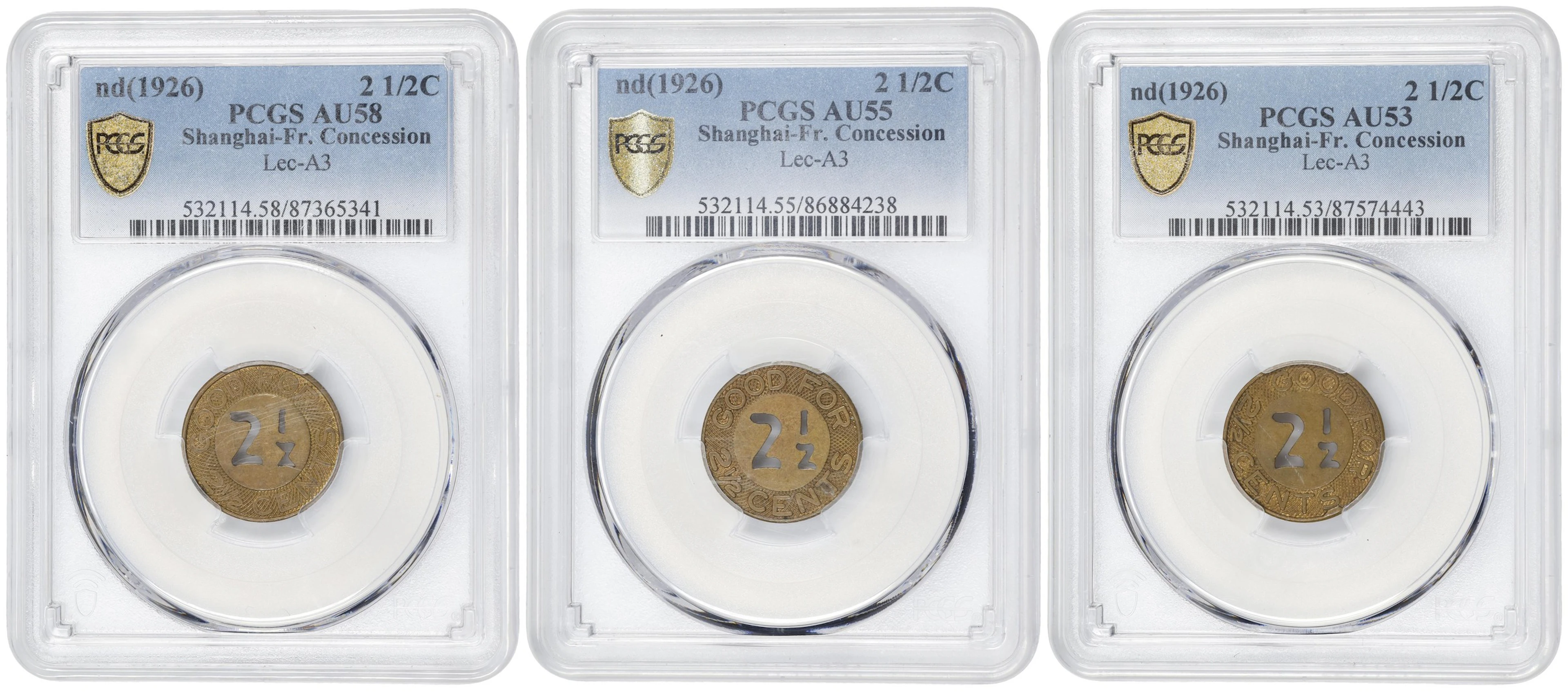 (t) CHINA. Shanghai. Trio of Brass 2-1/2 Cents Token (3 Pieces), ND
