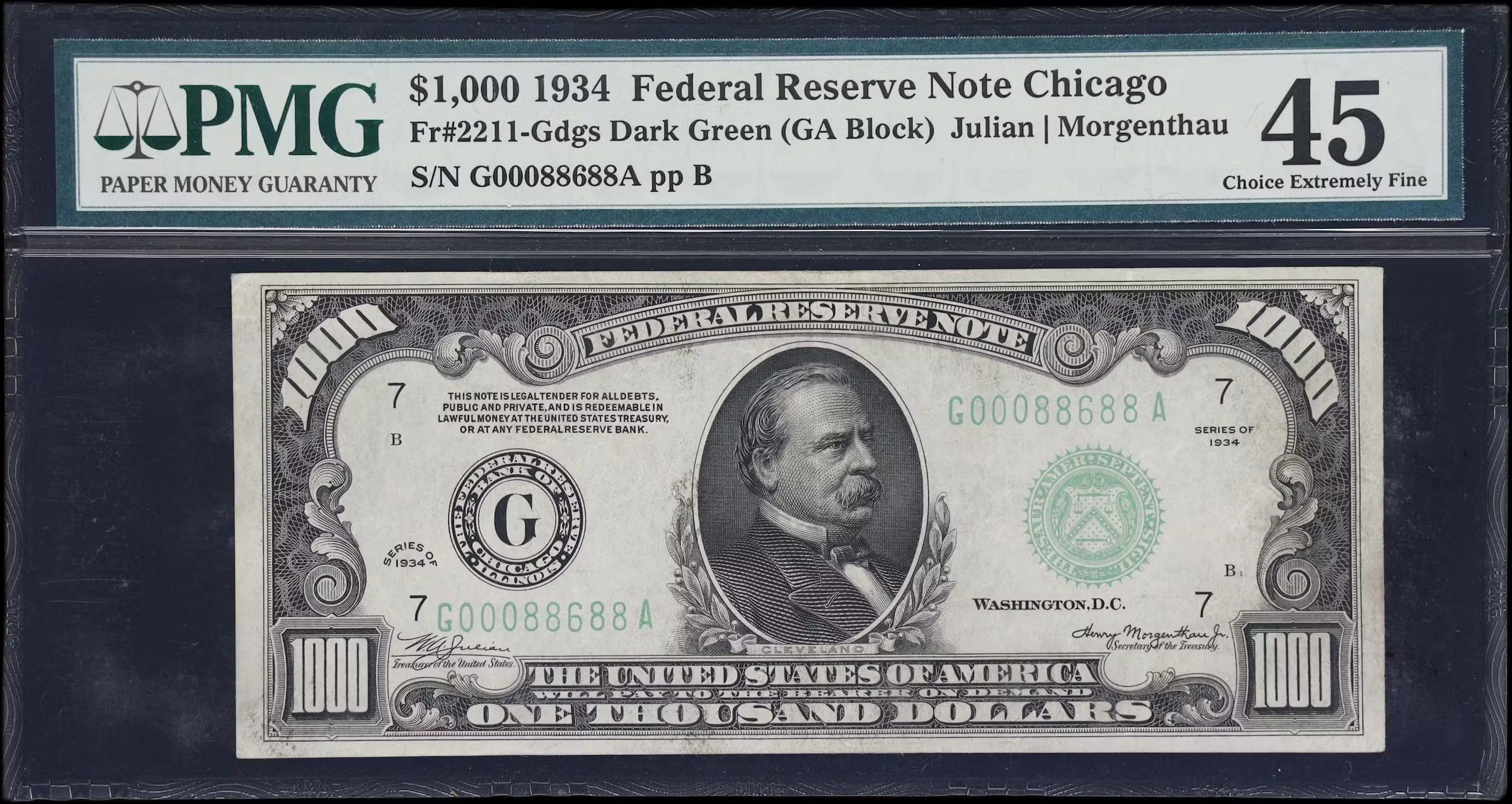 Fr. 2211-Gdgs. 1934 Dark Green Seal $1000 Federal Reserve Note. Chicago.