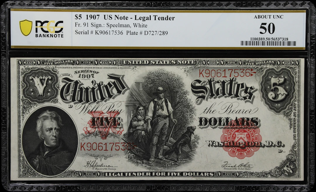Fr. 91. 1907 $5 Legal Tender Note. PCGS Banknote About Uncirculated 50.