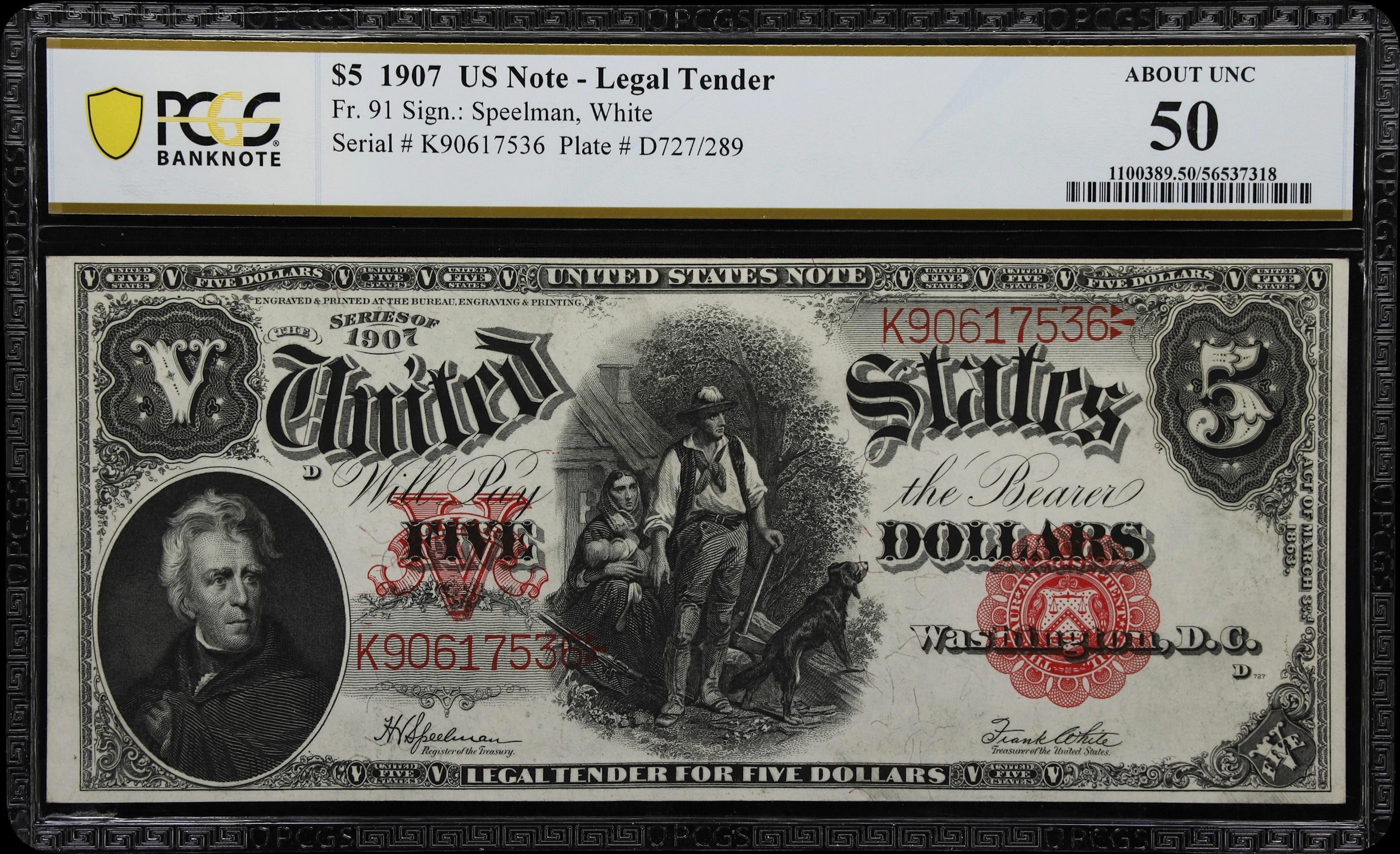 Fr. 91. 1907 $5 Legal Tender Note. PCGS Banknote About Uncirculated 50.