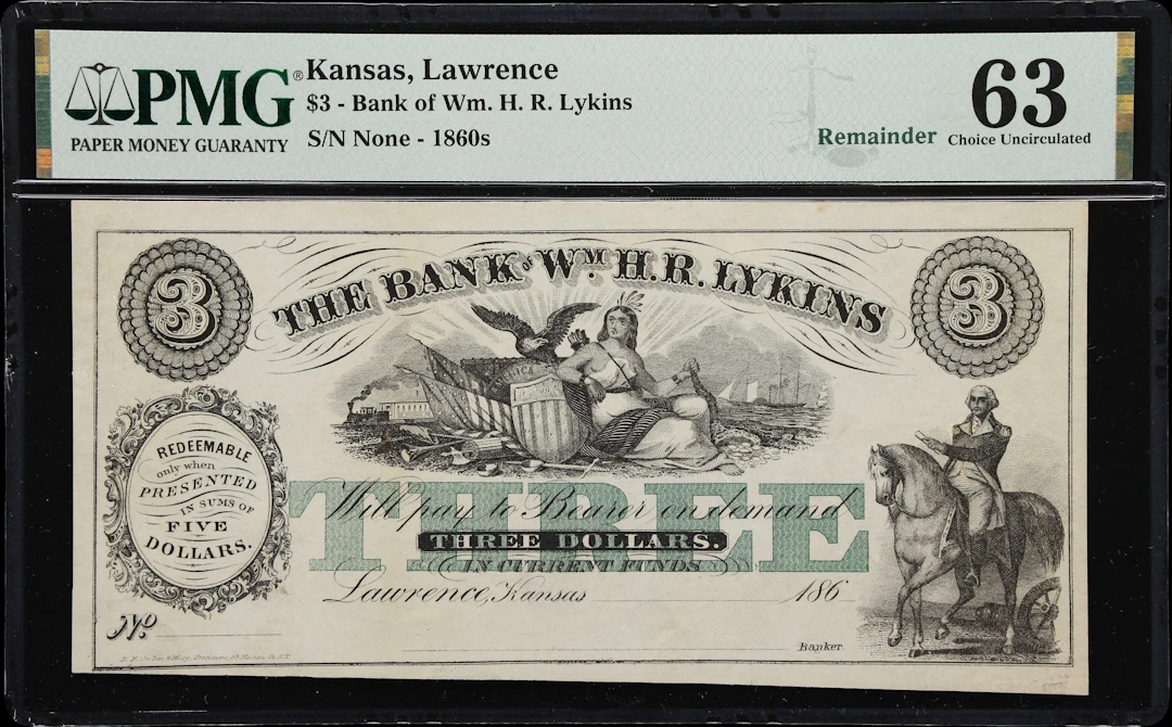 Lawrence, Kansas. Bank of Wm. H. R. Lykins. 186x $3. PMG Choice Uncirculated