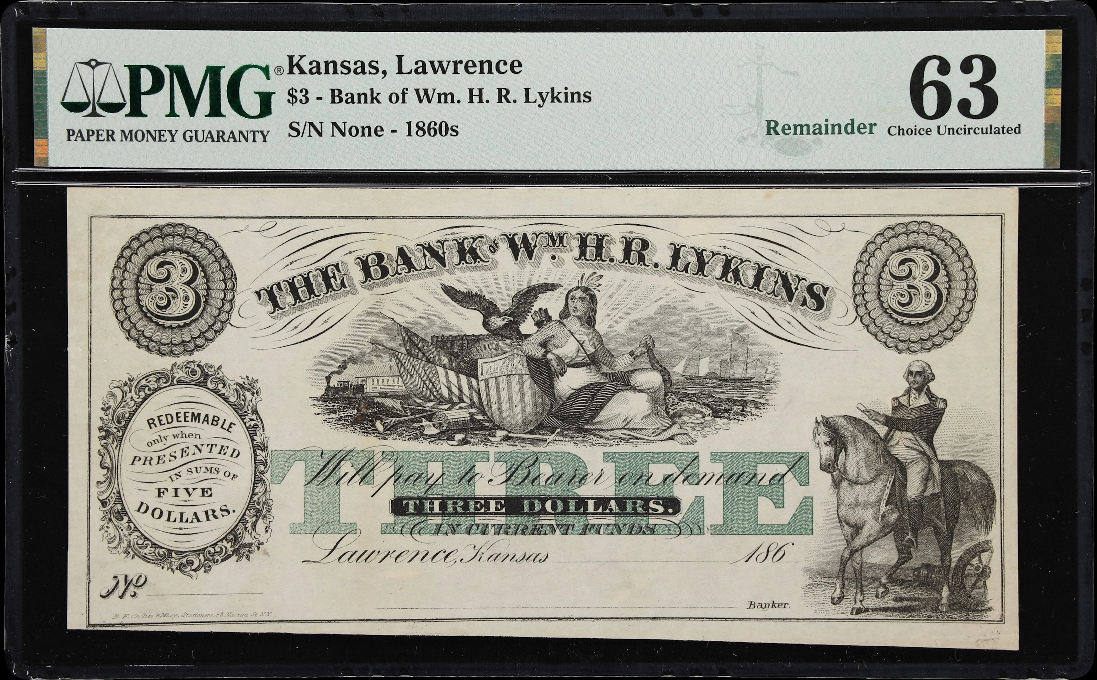 Lawrence, Kansas. Bank of Wm. H. R. Lykins. 186x $3. PMG Choice Uncirculated