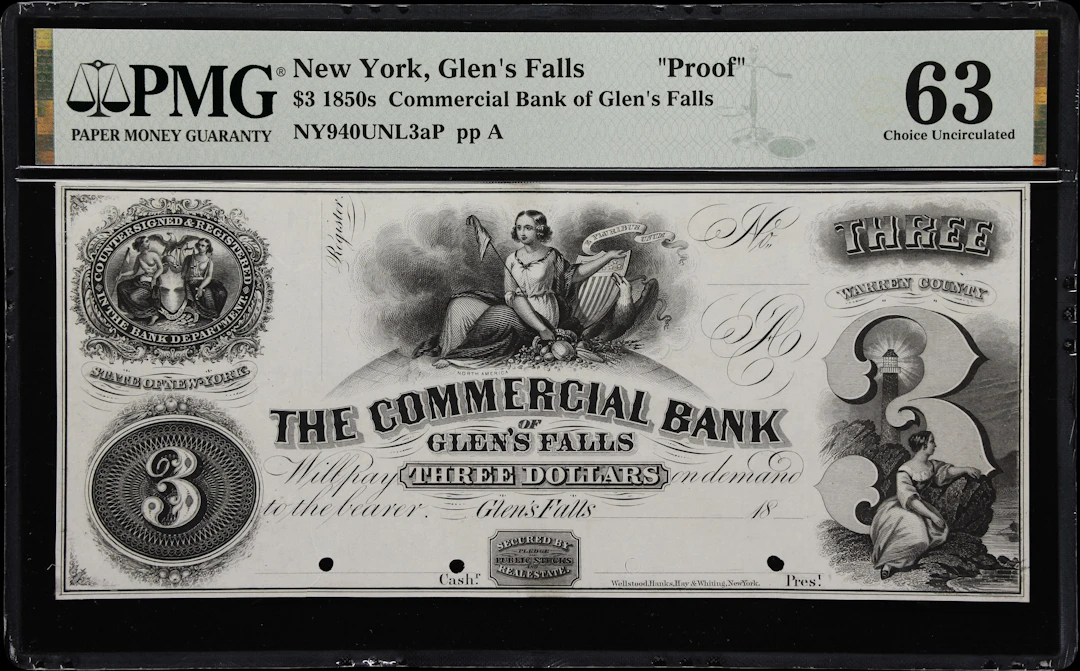 Glen's Falls, New York. Commercial Bank of Glen's Falls. 18xx $3.