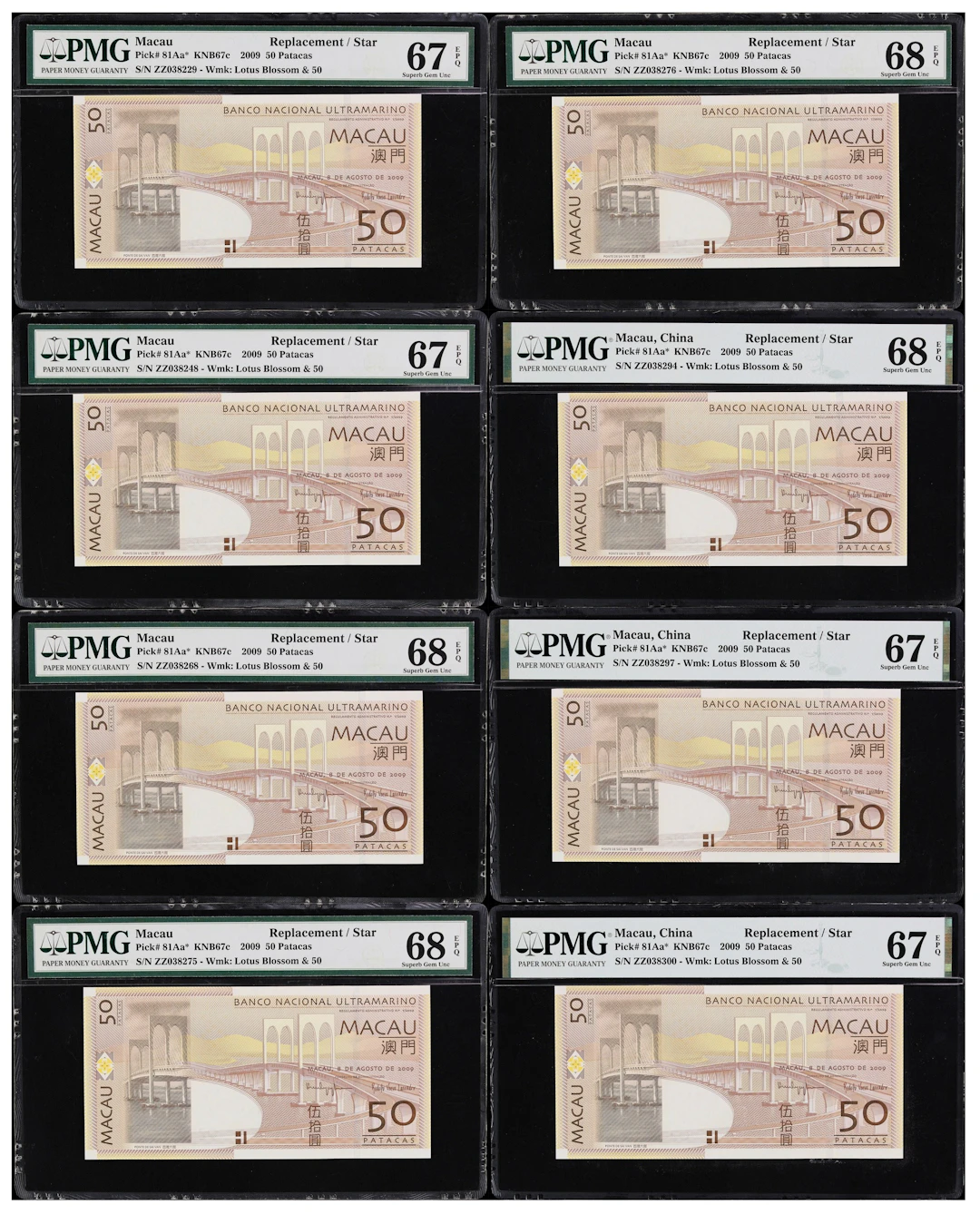 MACAU (SAR). Lot of (8). Banco Nacional Ultramarino. 50 Patacas, 8.8.2009.