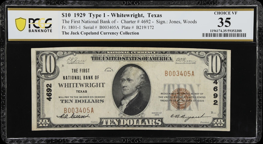 Whitewright, Texas. $10 1929 Ty. 1. Fr. 1801-1. First NB. Charter