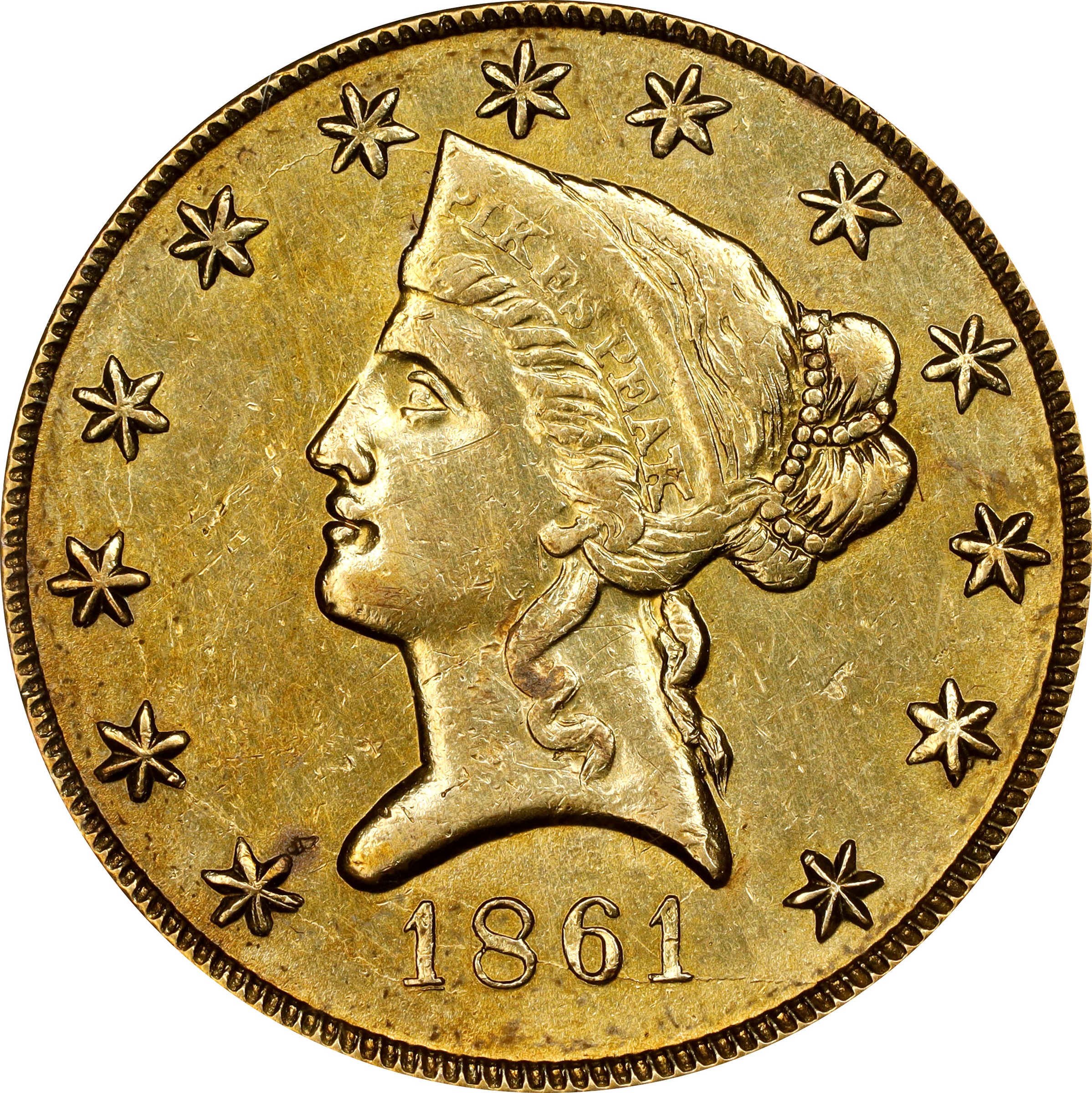 1861 Clark, Gruber & Co. $10. K-7. Rarity-4. AU-50 (PCGS). OGH.