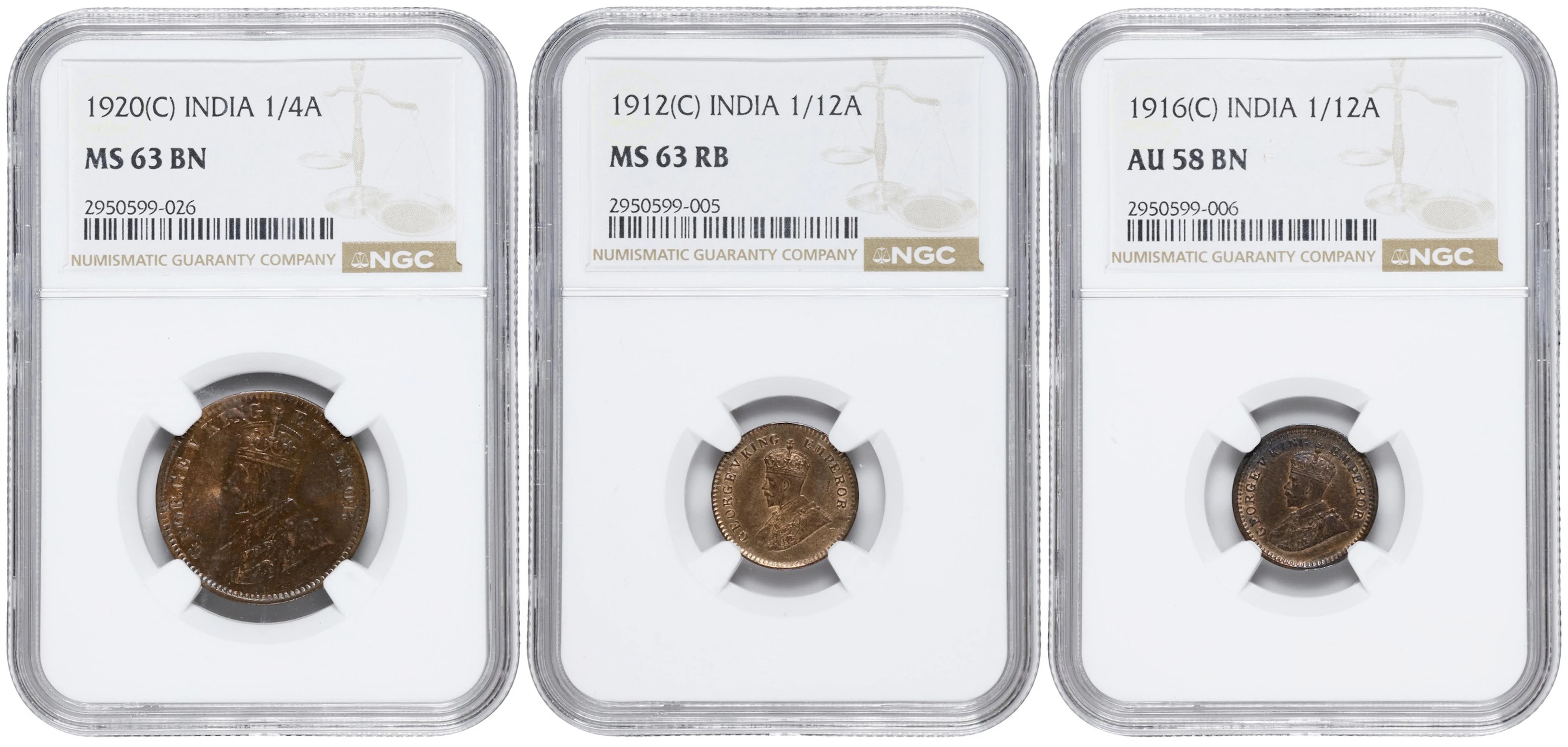 INDIA. Trio of Minor Denominations (3 Pieces), 1912-20. Calcutta Mint.