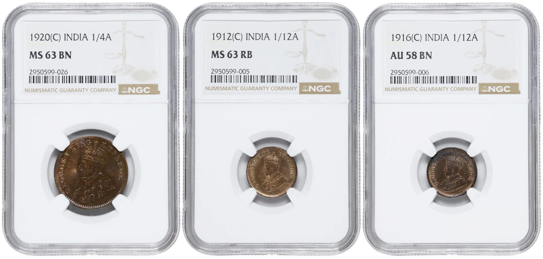 INDIA. Trio of Minor Denominations (3 Pieces), 1912-20. Calcutta Mint.