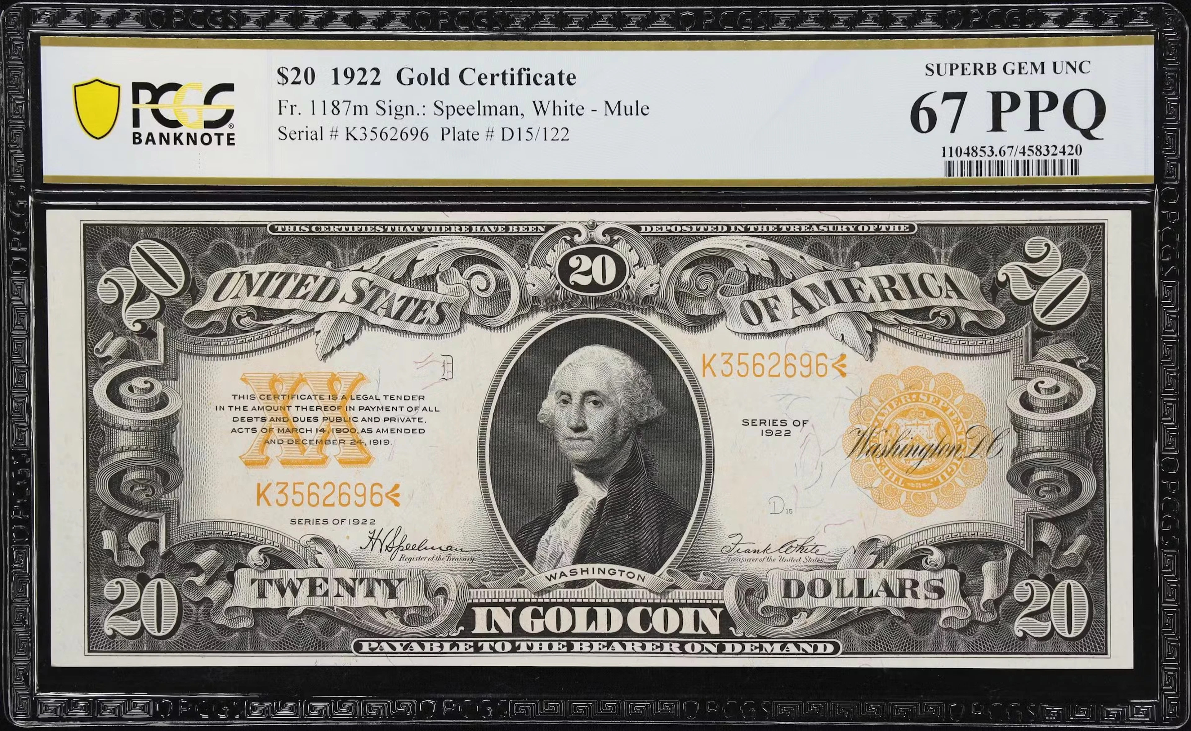 Fr. 1187m. 1922 $20 Gold Certificate. Mule. PCGS Banknote Superb Gem