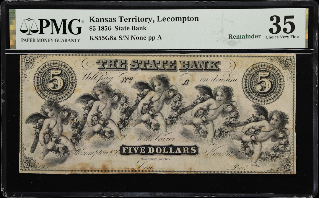 Lecompton, Territory of Kansas. State Bank. 1856 $5. PMG Choice Very