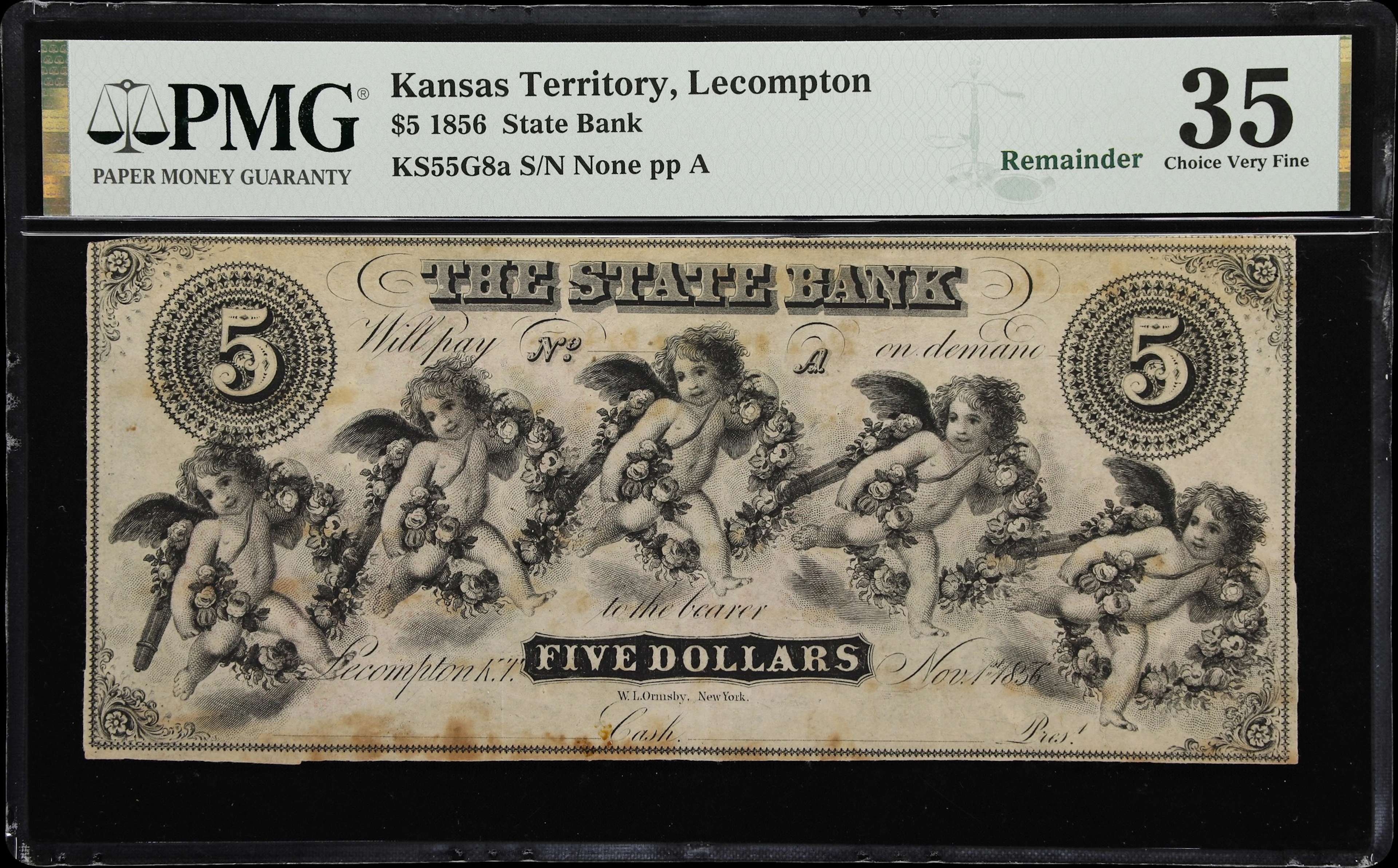 Lecompton, Territory of Kansas. State Bank. 1856 $5. PMG Choice Very