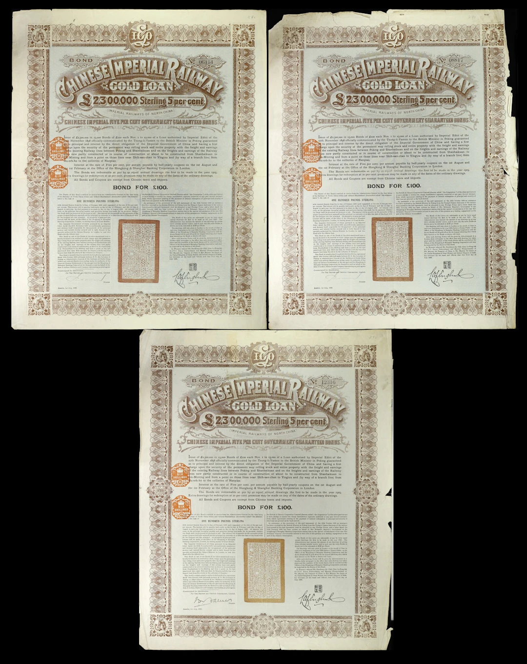 CHINA--EMPIRE. Lot of (3). 1899 5% Chinese Imperial Railways of North