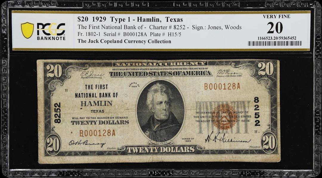 Hamlin, Texas. $20 1929 Ty. 1. Fr. 1802-1. First NB. Charter #8252.