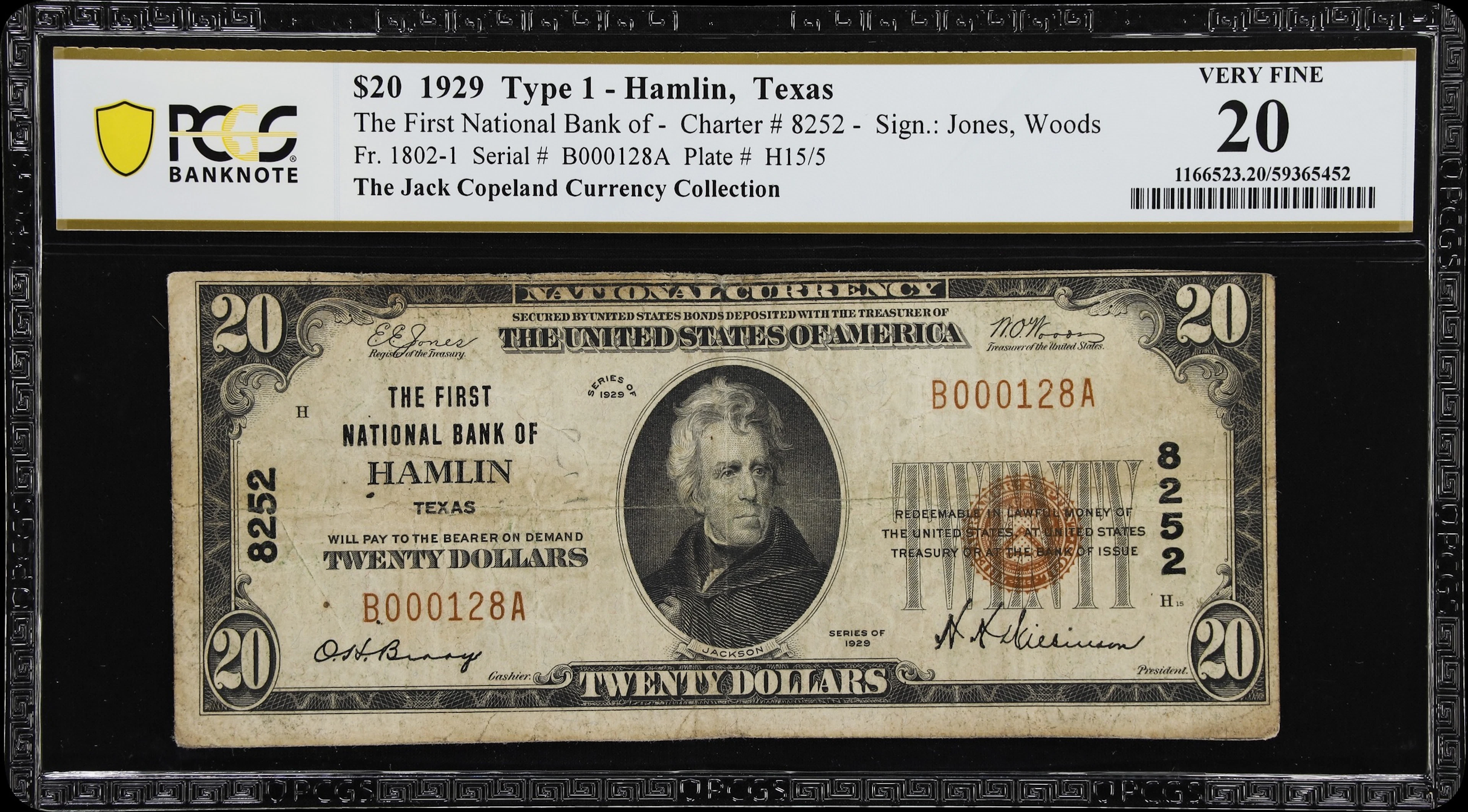 Hamlin, Texas. $20 1929 Ty. 1. Fr. 1802-1. First NB. Charter #8252.