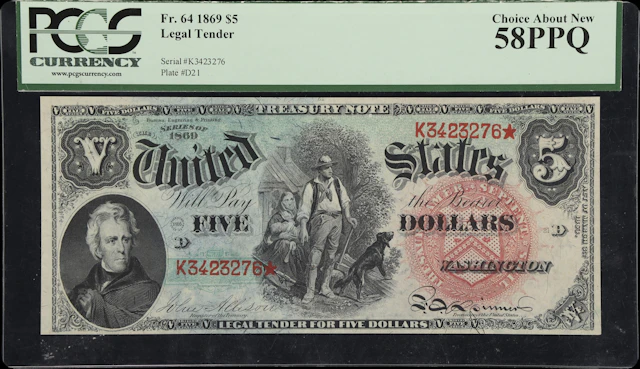 Fr. 64. 1869 $5 Legal Tender Note. PCGS Currency Choice About New 58 PPQ.