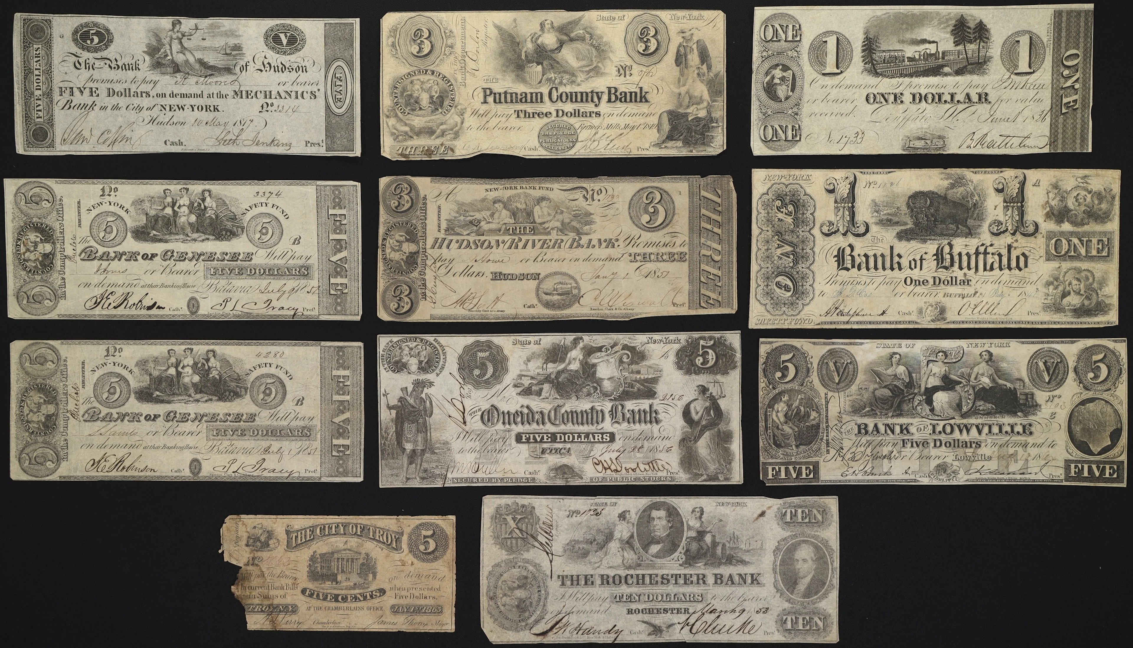 Lot of (11) New York. Mixed Issuers. 1810s - 50s Mixed Denominations.