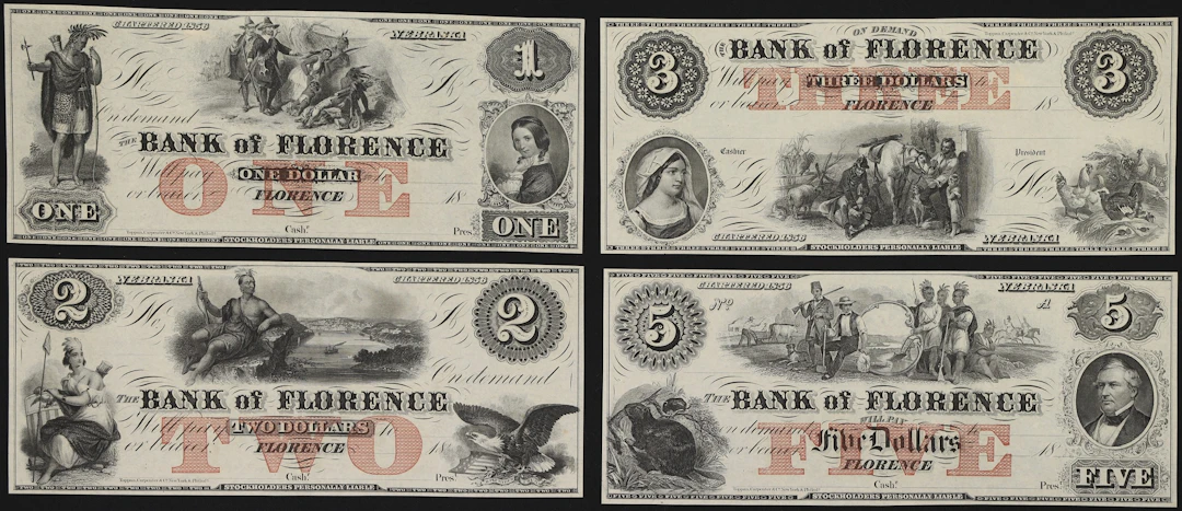 Lot of (4) Florence, Nebraska Territory. Bank of Florence. 18xx $1