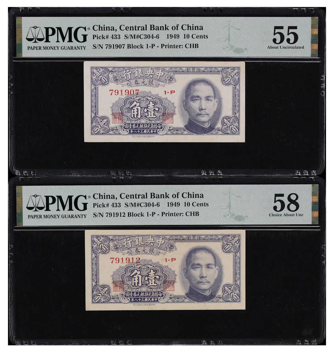 (t) CHINA--REPUBLIC. Lot of (2). Central Bank of China. 10 Cents