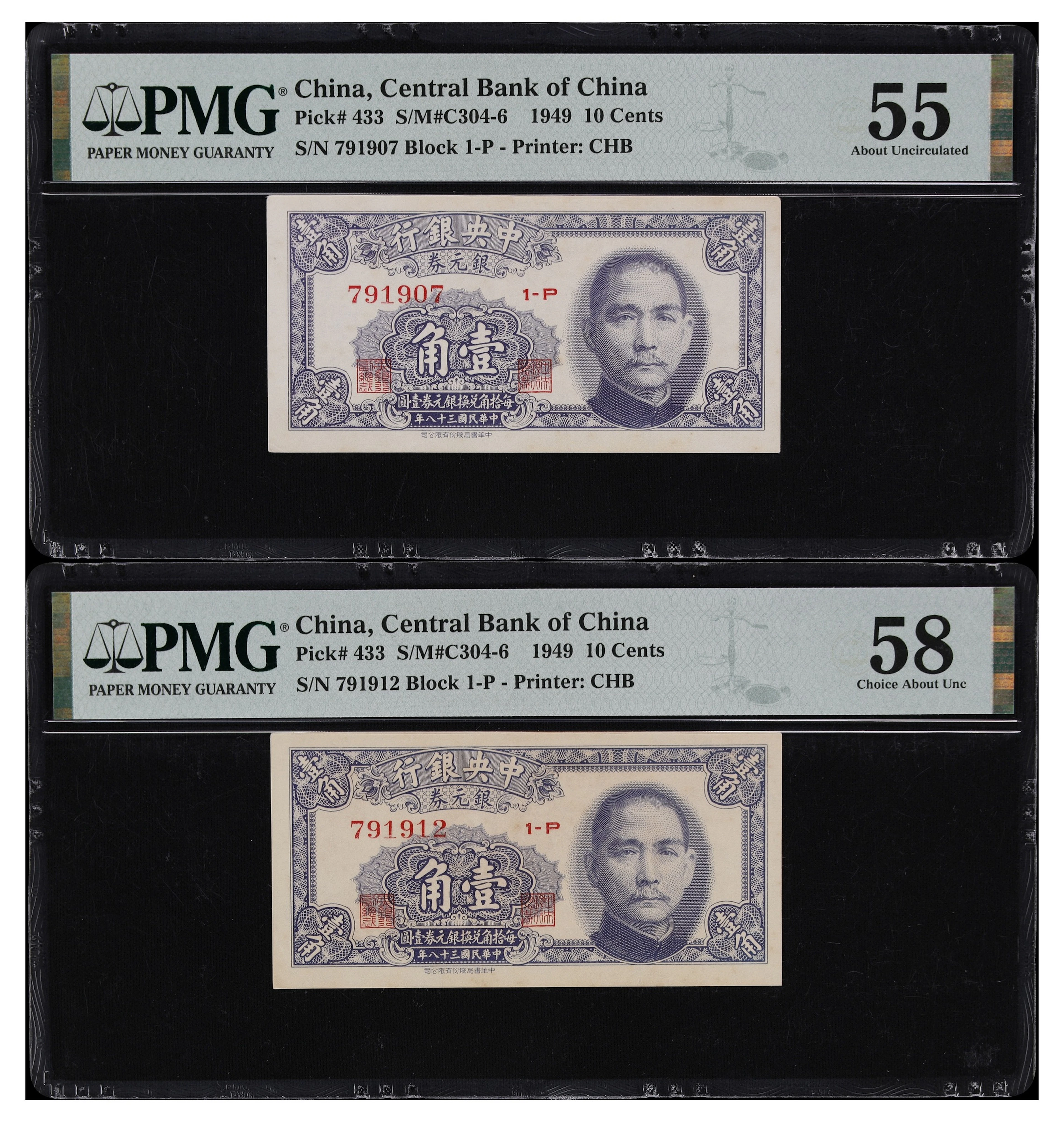 (t) CHINA--REPUBLIC. Lot of (2). Central Bank of China. 10 Cents