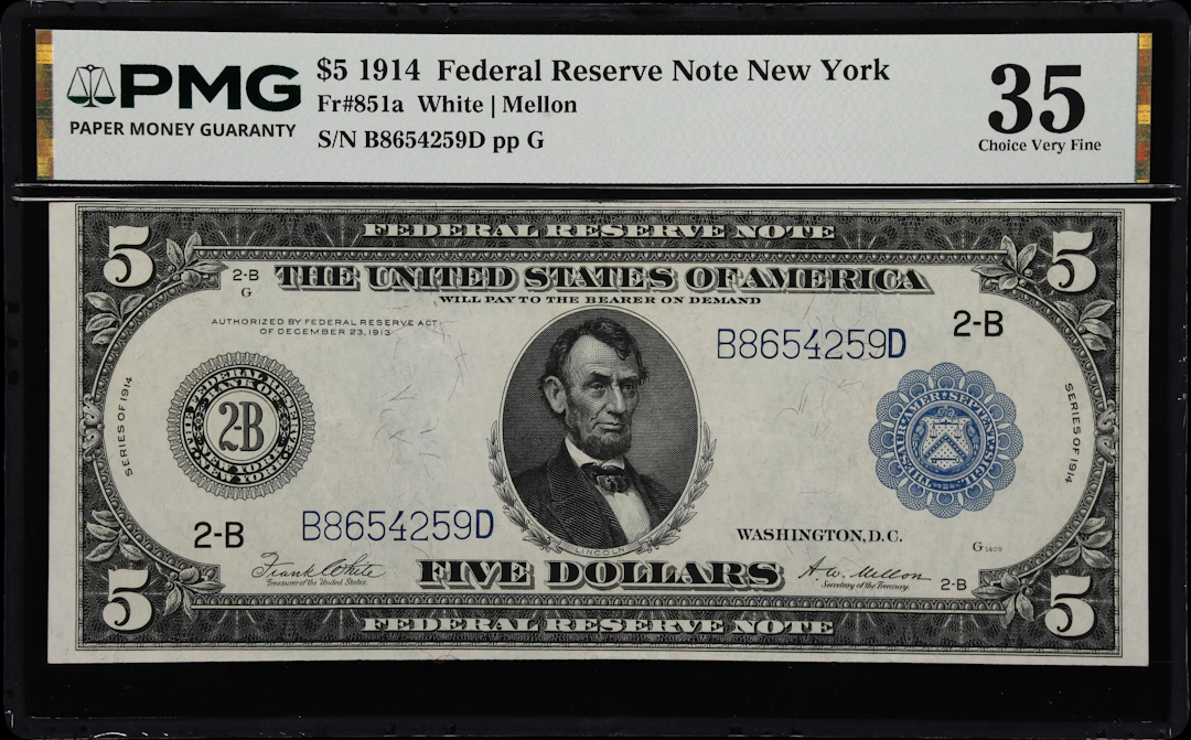 Fr. 851a. 1914 $5 Federal Reserve Note. New York. PMG Choice Very Fine 35.