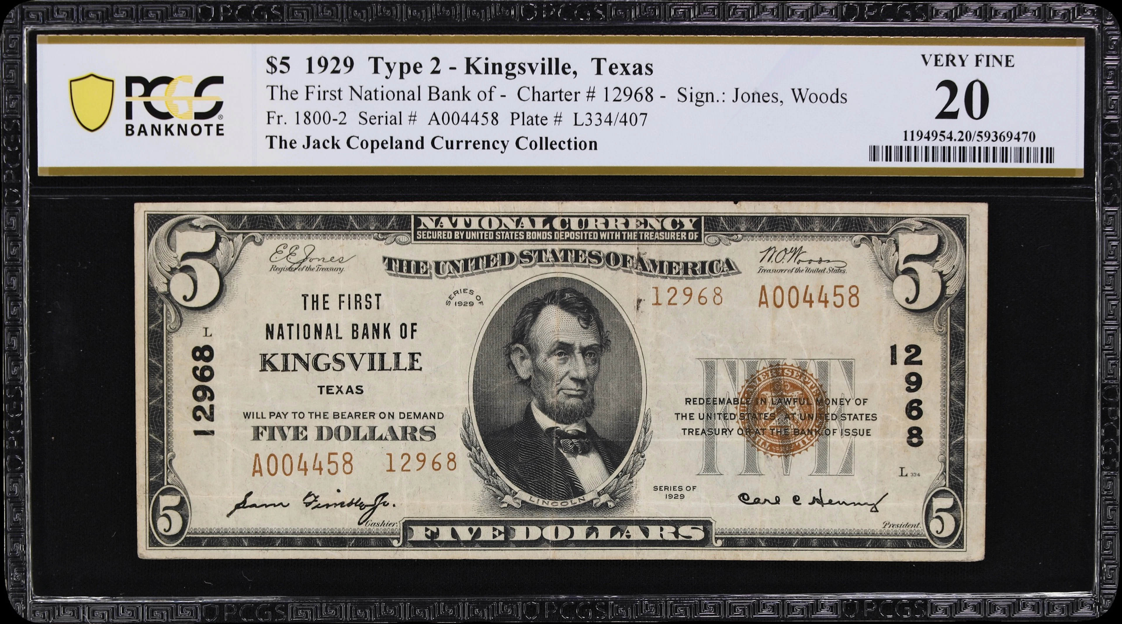 Kingsville, Texas. $5 1929 Ty. 2. Fr. 1800-2. First NB. Charter #12968.