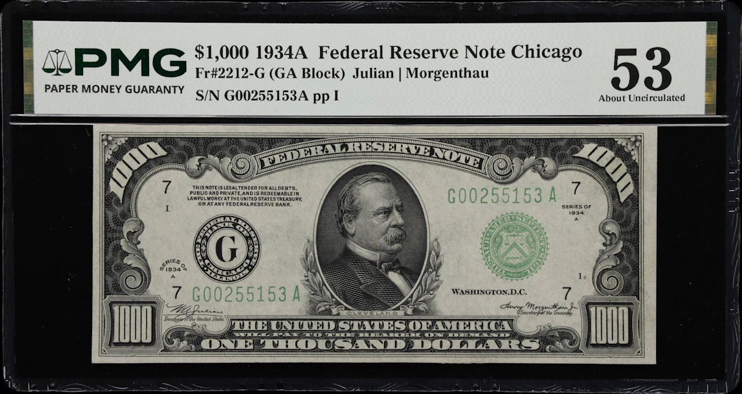 Fr. 2212-G. 1934A $1000 Federal Reserve Note. Chicago. PMG About Uncirculated