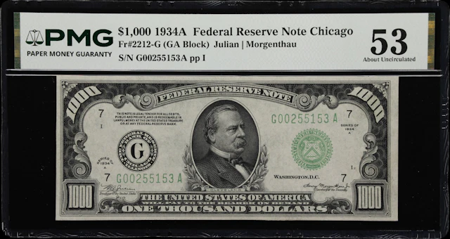 Fr. 2212-G. 1934A $1000 Federal Reserve Note. Chicago. PMG About Uncirculated