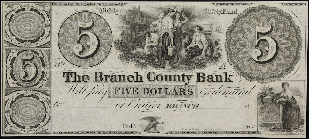 Branch, Michigan. Branch County Bank. 18xx $5. About Uncirculated. Remainder.