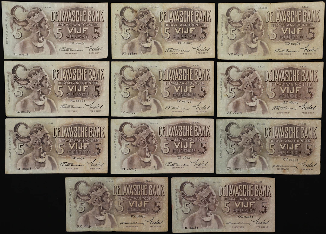 NETHERLANDS INDIES. Lot of (11). Javasche Bank. 5 Gulden, 1935-39.
