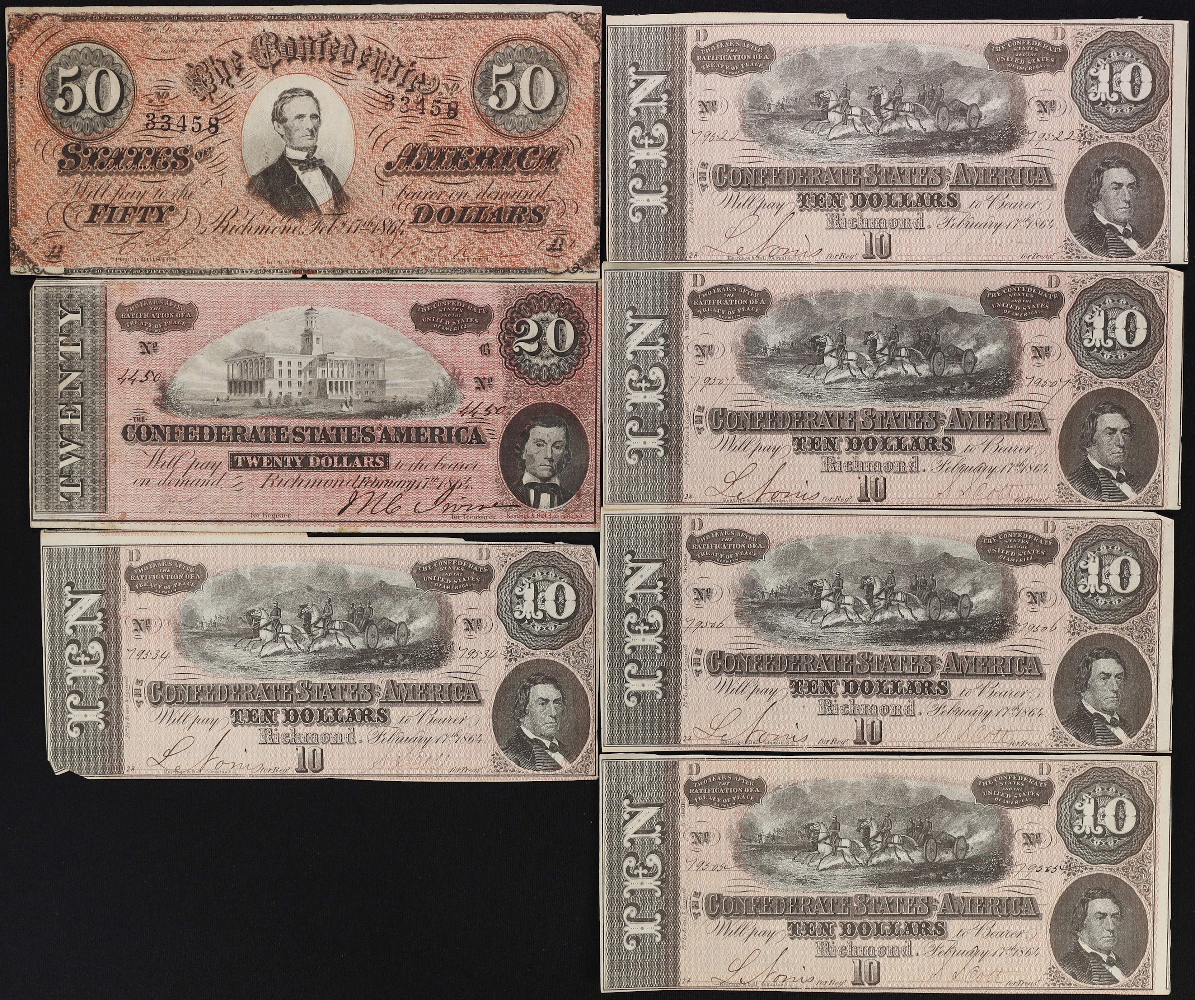Lot of (7) T-66, T-67, & T-68. Confederate Currency. 1864 $10, $20