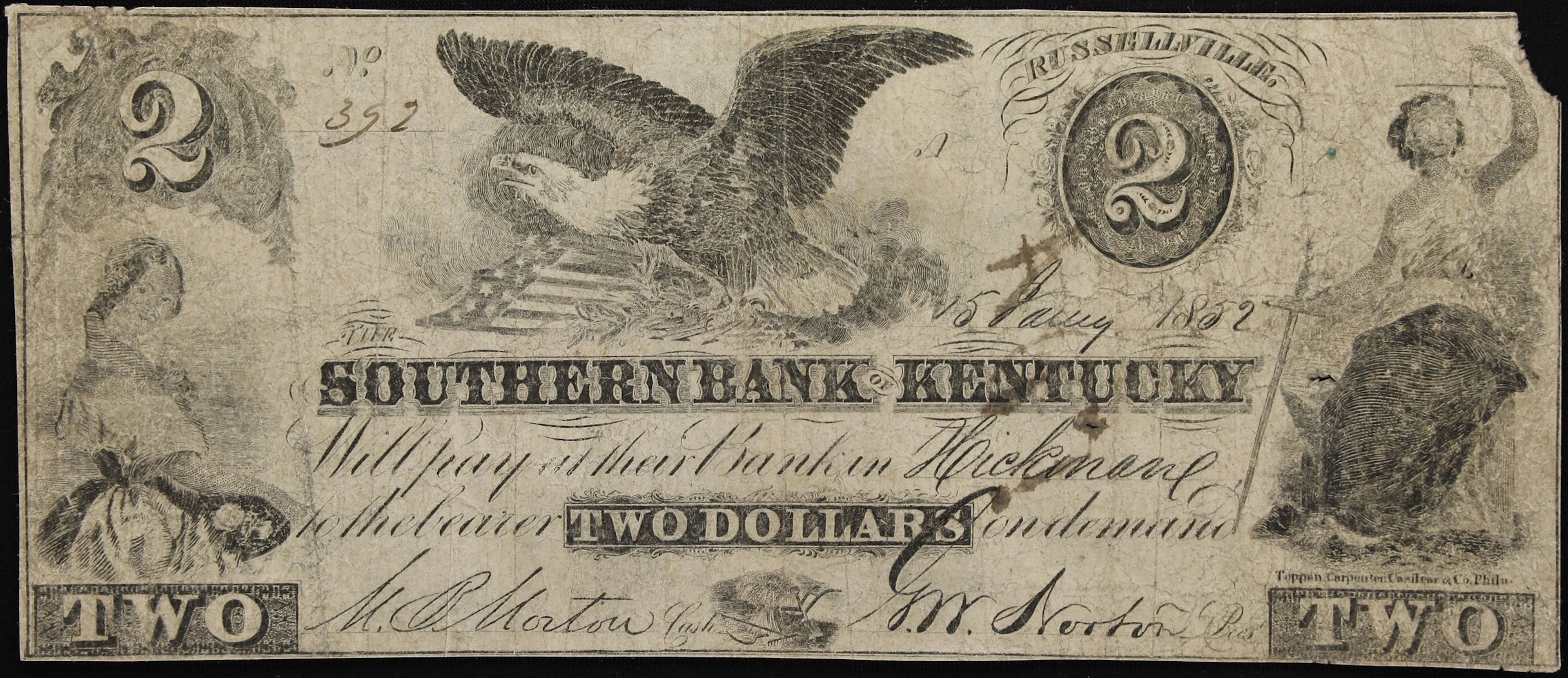 Russellville, Kentucky. Southern Bank of Kentucky. 1852 $2. Fine.
