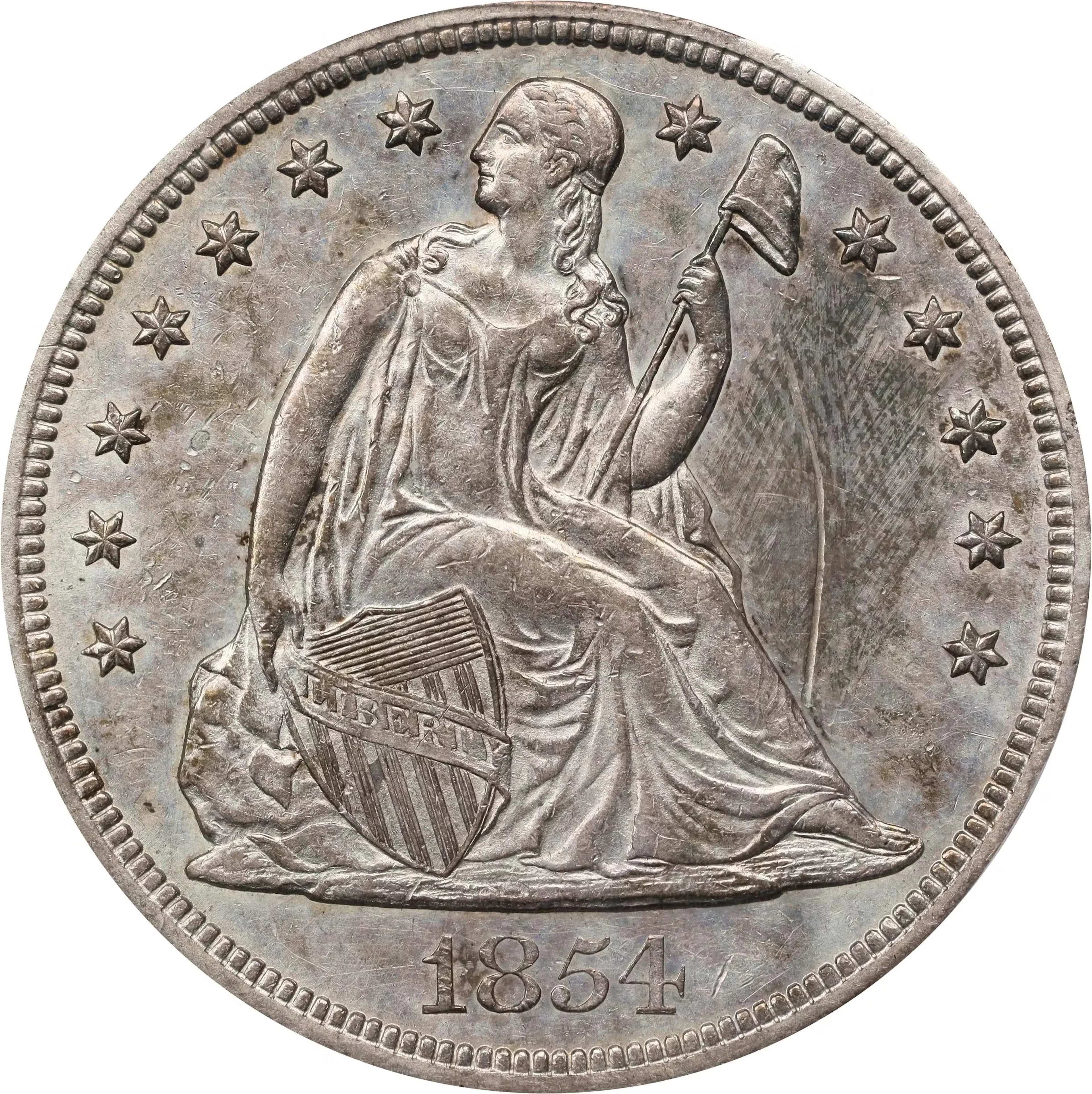 1854 Liberty Seated Silver Dollar. OC-1. Rarity-3+. Repunched Date.