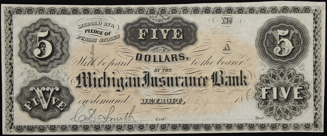 Detroit, Michigan. Michigan Insurance Bank. 1861 $5. Choice Uncirculated.