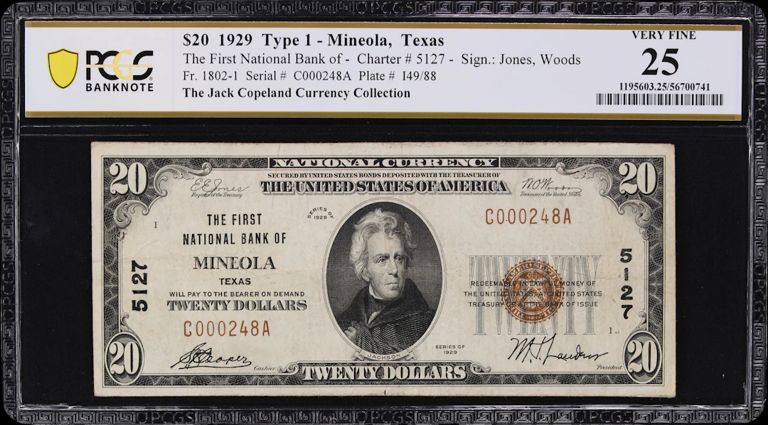 Mineola, Texas. $20 1929 Ty. 1. Fr. 1802-1. First NB. Charter #5127.