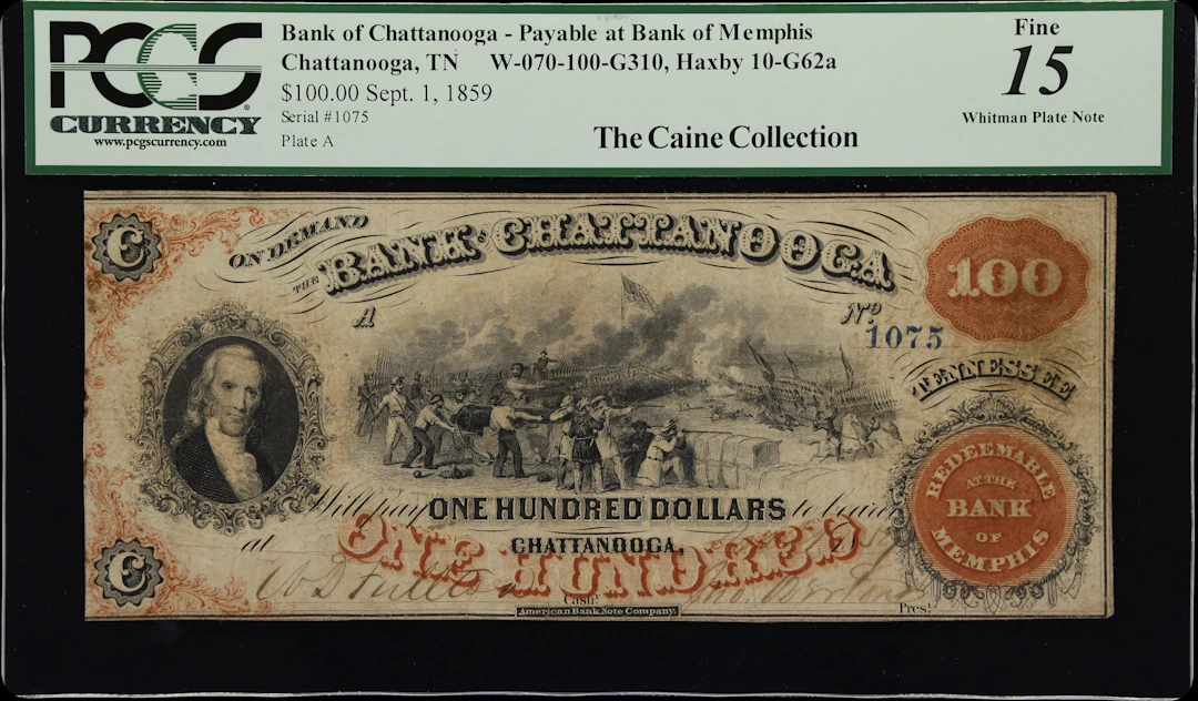 Chattanooga, Tennessee. Bank of Chattanooga. 1859 $100. PCGS Currency Fine 15.