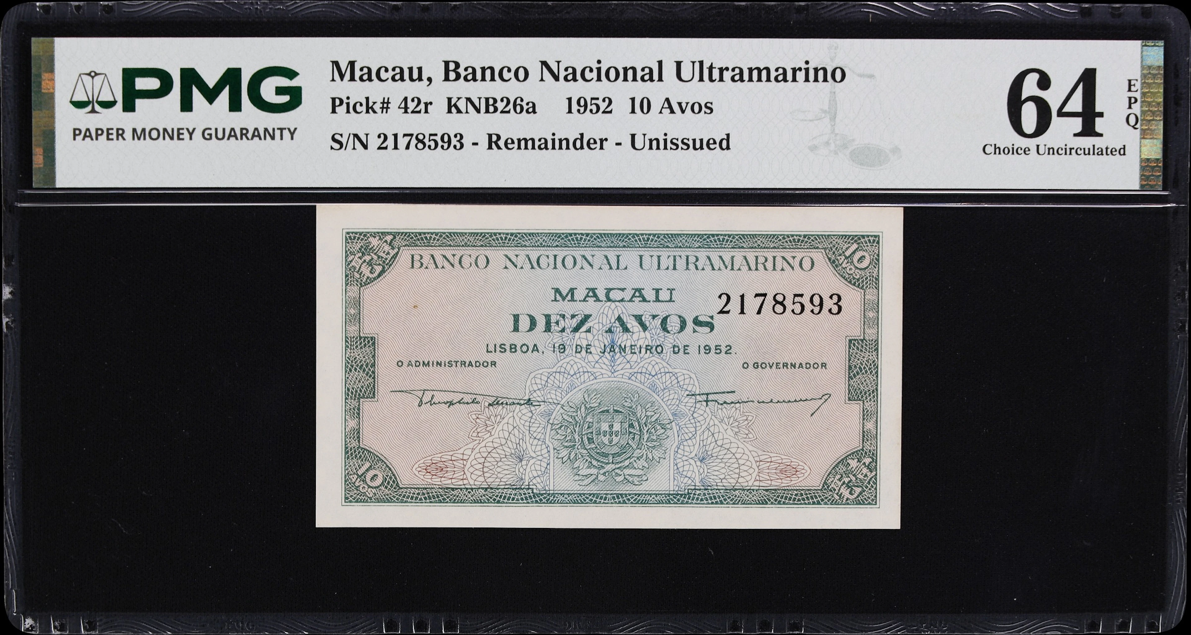 MACAU (SAR). Banco Nacional Ultramarino. 10 Avos, 19.1.1952. P-42r.