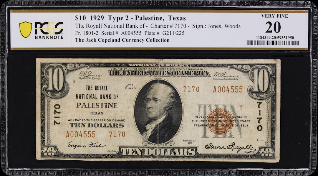 Palestine, Texas. $10 1929 Ty. 2. Fr. 1801-2. Royall NB. Charter #7170.