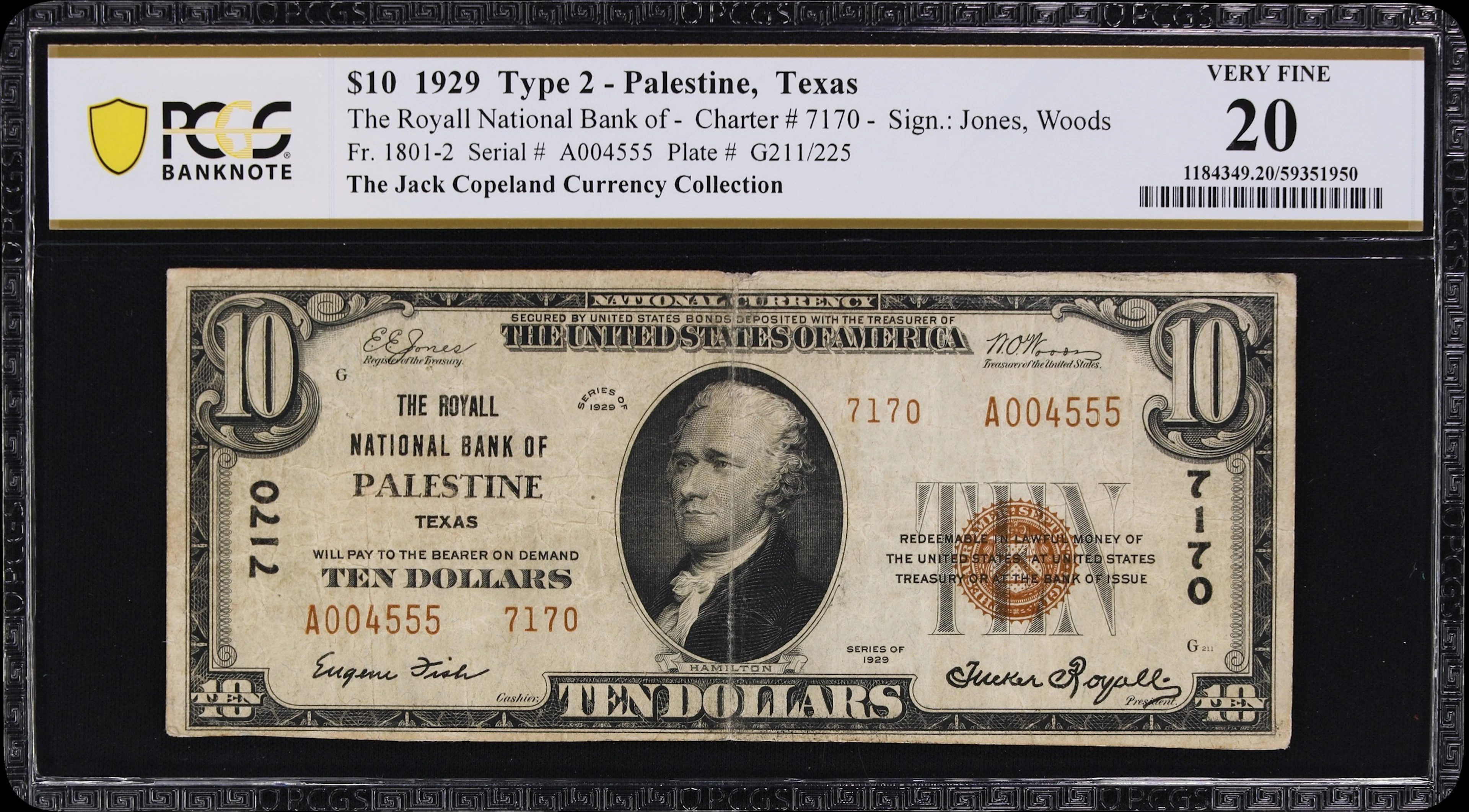 Palestine, Texas. $10 1929 Ty. 2. Fr. 1801-2. Royall NB. Charter #7170.