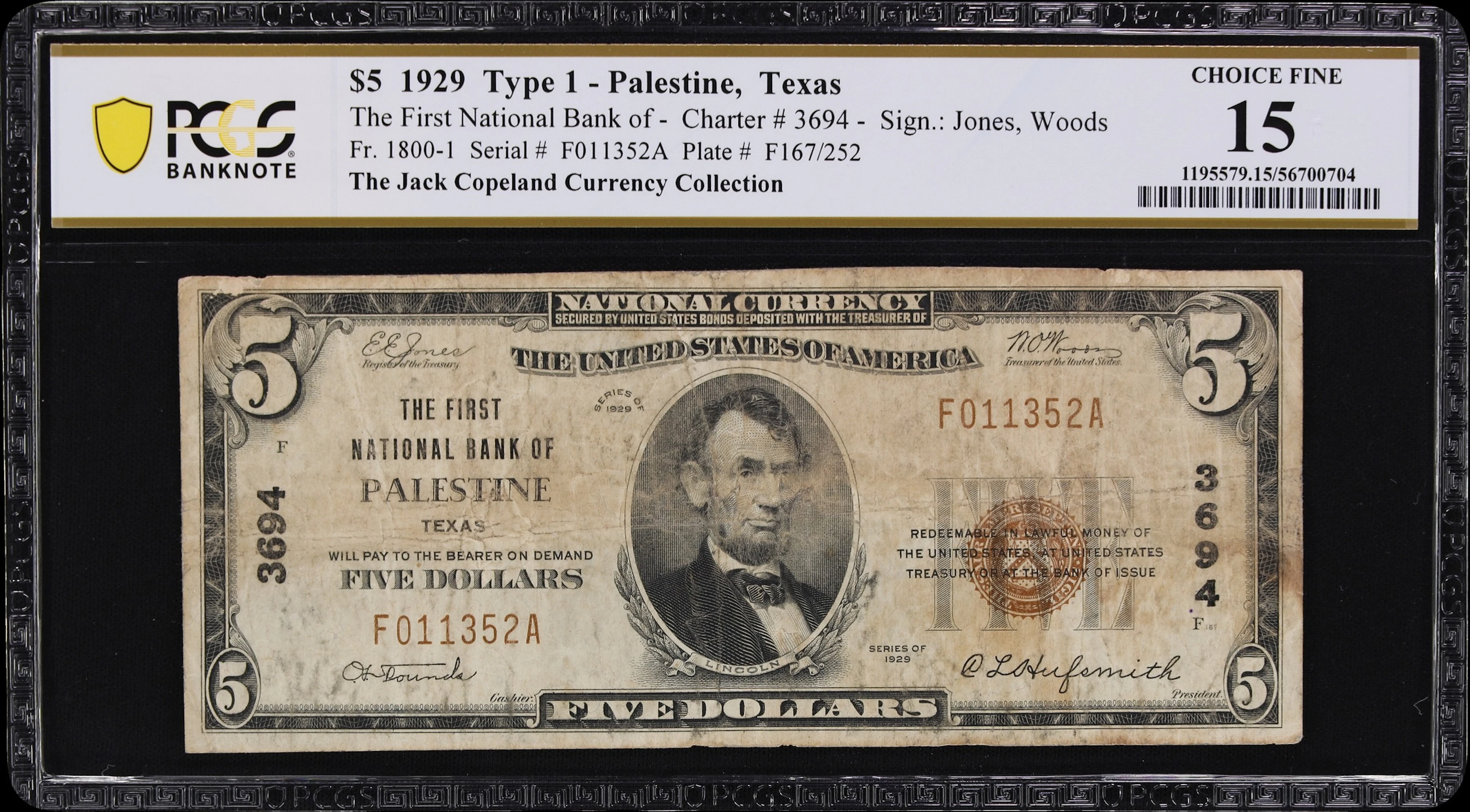 Palestine, Texas. $5 1929 Ty. 1. Fr. 1800-1. First NB. Charter #3694.
