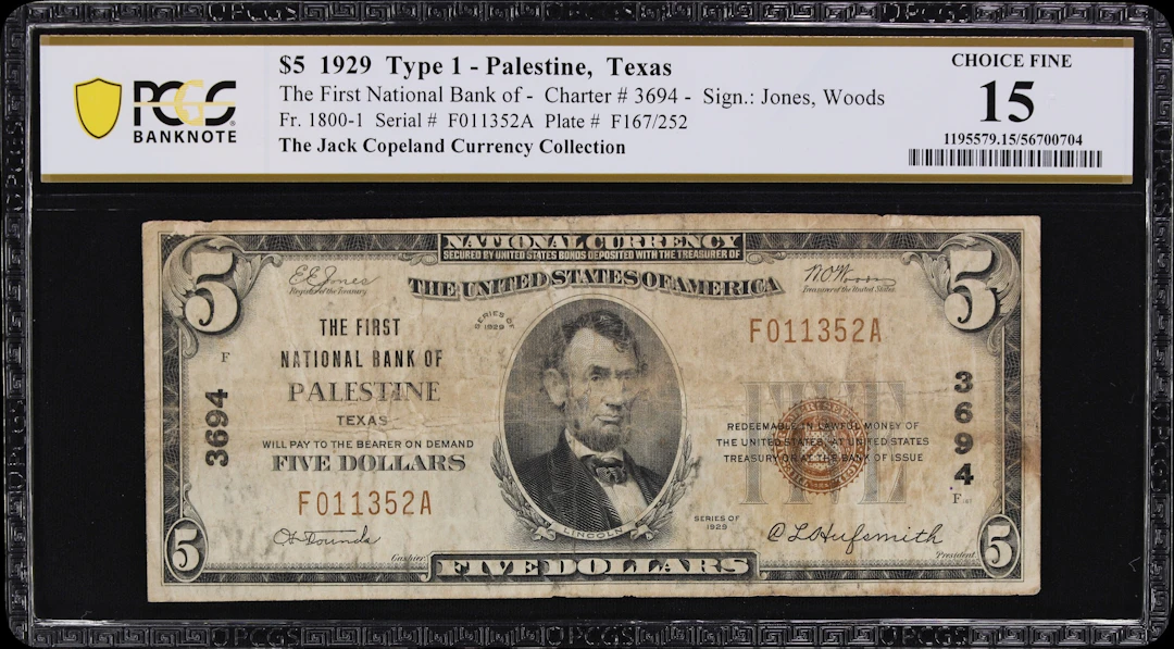 Palestine, Texas. $5 1929 Ty. 1. Fr. 1800-1. First NB. Charter #3694.