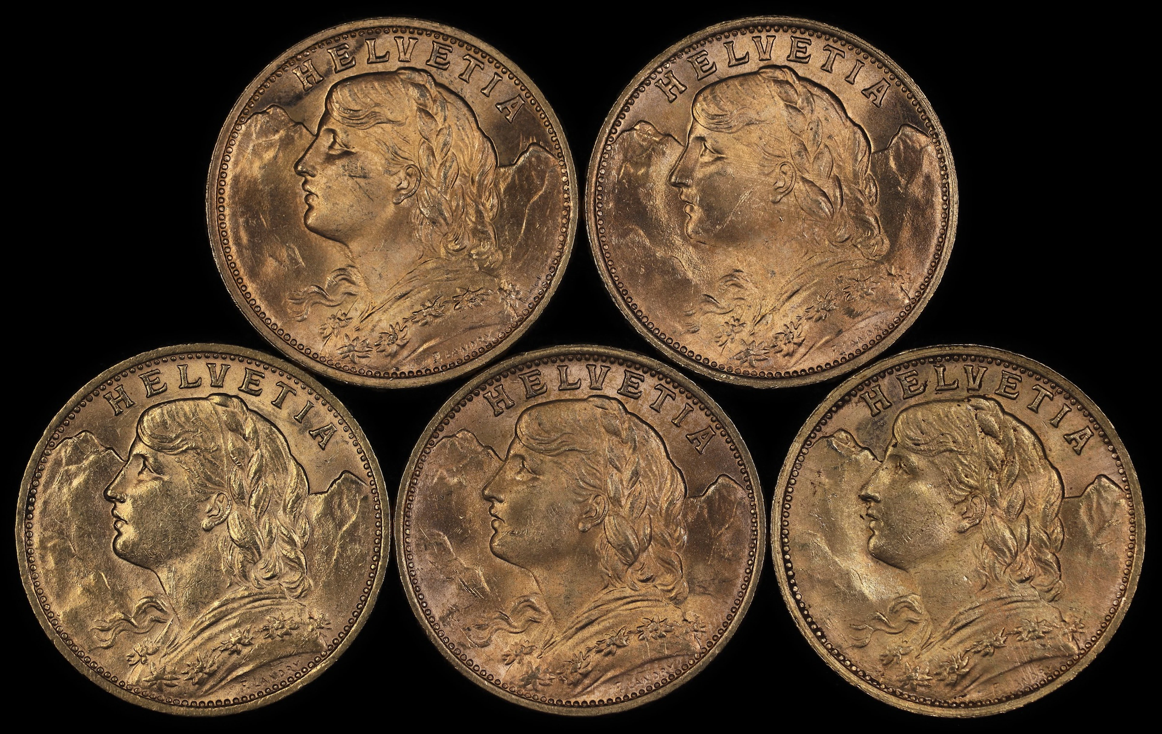 (0.935 oz, 29.082 g AGW). Switzerland. Lot of (5) Mixed Date Gold 20 Francs.
